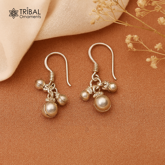 Traditional design sterling silver hoops earrings, fabulous hanging pretty bells drop dangle earrings tribal jewelry from india s644