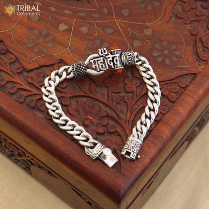 Sterling silver heavy Mahadev bracelet for men with intricate design, crafted by TRIBAL ORNAMENTS, showcasing traditional jewelry craftsmanship.