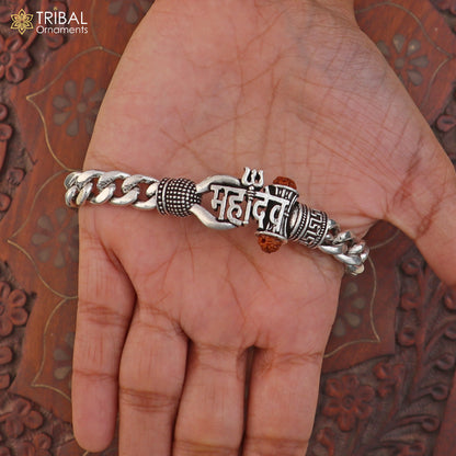 925 sterling silver heavy Mahadev bracelet for men with intricate design, crafted by TRIBAL ORNAMENTS.