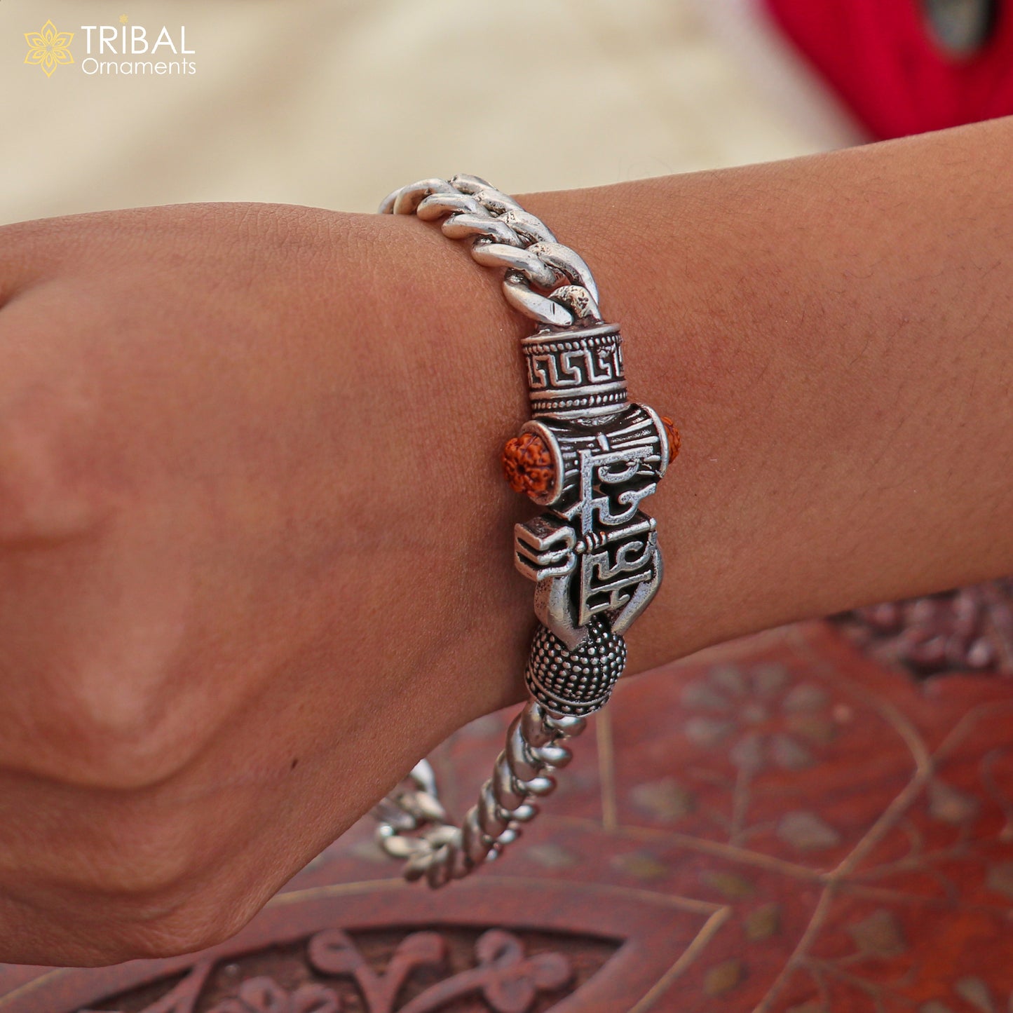 925 sterling silver heavy Mahadev bracelet for men with bold chain design, crafted by TRIBAL ORNAMENTS.