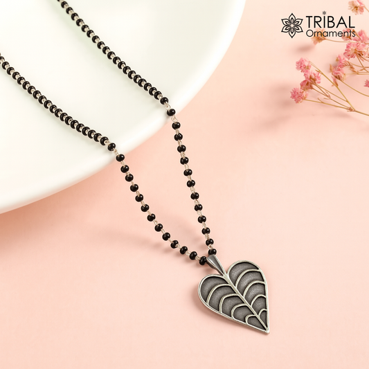 925 sterling silver black beads chain necklace, gorgeous tree leaf design pendant, traditional style chain beaded necklace set172