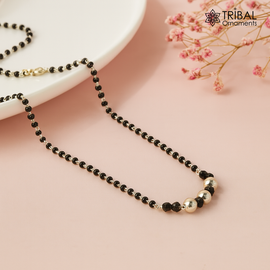 Elegant 925 sterling silver black beads chain necklace, gorgeous small silver bead design pendant, Mangalsutra chain beaded necklace set325