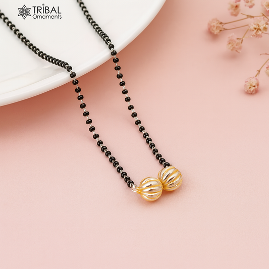 Pure 925 sterling silver black beads chain necklace, vintage ball pendant, traditional style brides Mangalsutra necklace set445