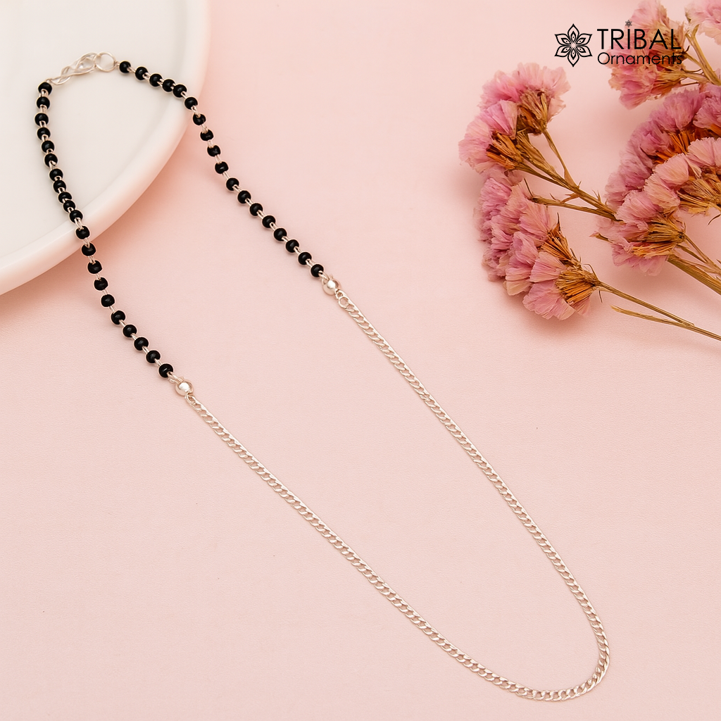 Pure 925 sterling silver black beads with Cuban chain necklace, traditional style brides Mangalsutra style chain necklace set446