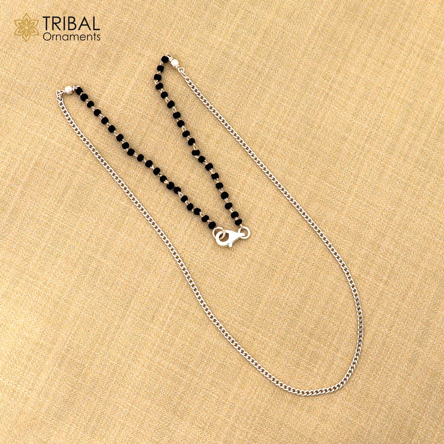 Pure 925 sterling silver black beads with Cuban chain necklace, traditional style brides Mangalsutra style chain necklace set446
