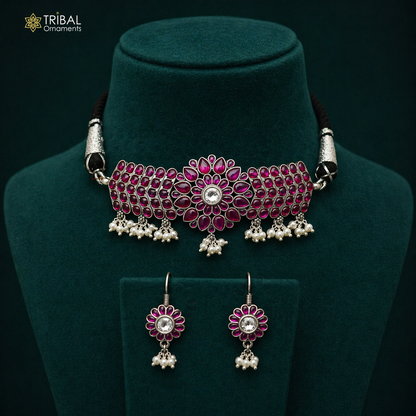 Sterling silver luxury necklace and jewelry set with red stones, featuring a fancy choker design for belly dance and special occasions.