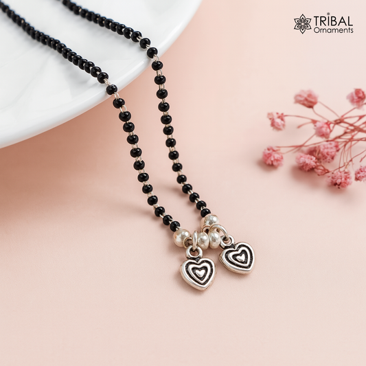 925 sterling silver black beads chain necklace, vintage south indian Style pendant, traditional style brides Mangalsutra necklace set505