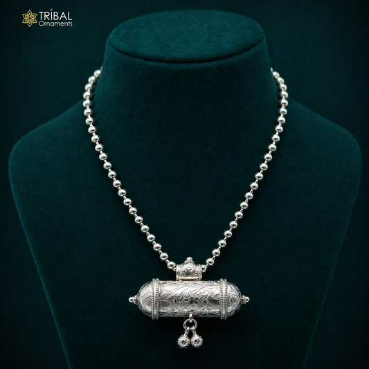 Vintage 925 sterling silver amulet pendant and long necklace set from TRIBAL ORNAMENTS, featuring a customized brides collection design.