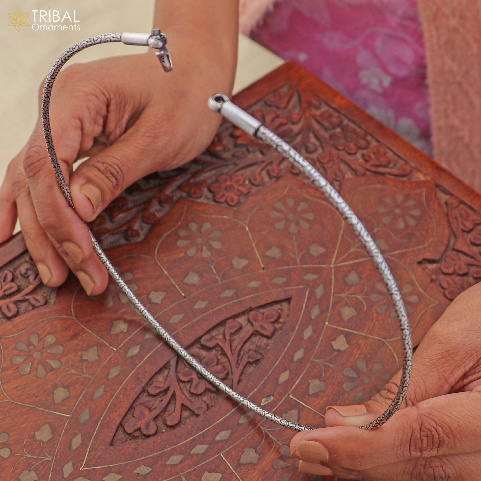 2mm round chitai design 925 sterling silver neck band or ring for all types of pendant, best ethnic choker jewelry set800 - TRIBAL ORNAMENTS