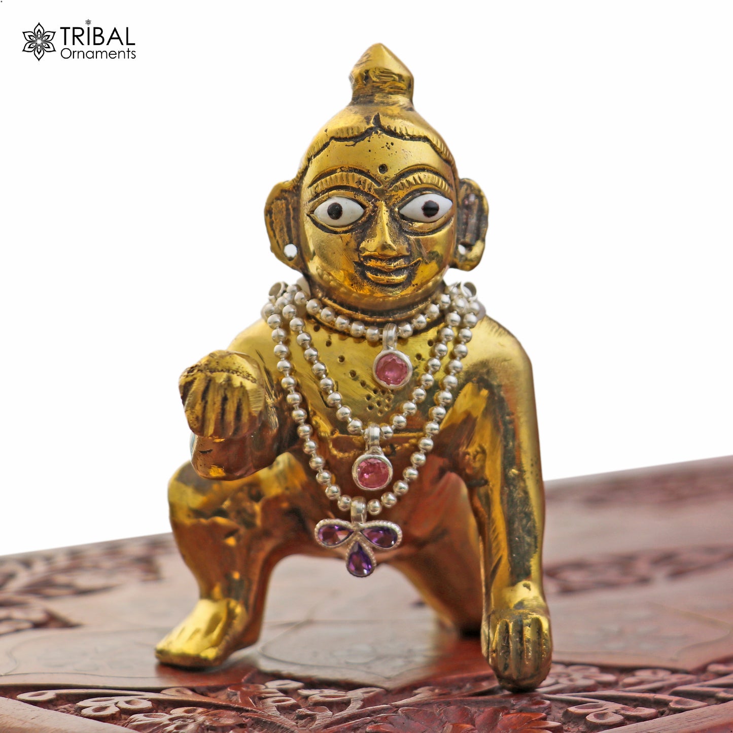 925 sterling silver 3-line beaded chain necklace featuring Lord Krishna and Laddu Gopala jewelry set by TRIBAL ORNAMENTS