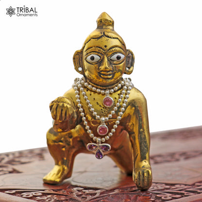 925 sterling silver 3-line beaded chain necklace featuring Lord Krishna Laddu Gopala, part of TRIBAL ORNAMENTS jewelry set.