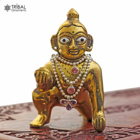 925 sterling silver 3-line beaded chain necklace featuring Lord Krishna and Laddu Gopala jewelry set by TRIBAL ORNAMENTS