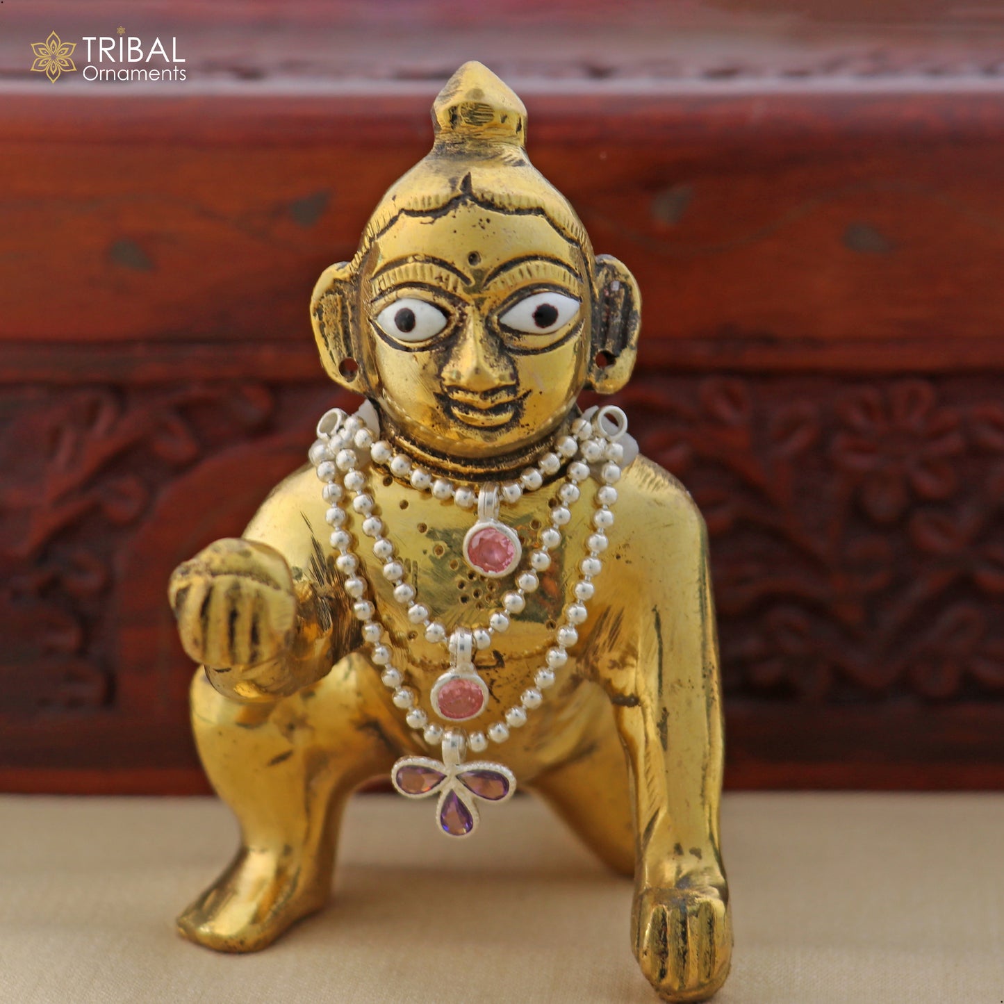 Sterling silver 3-line beaded chain necklace from TRIBAL ORNAMENTS featuring Lord Krishna Laddu Gopala jewelry set.