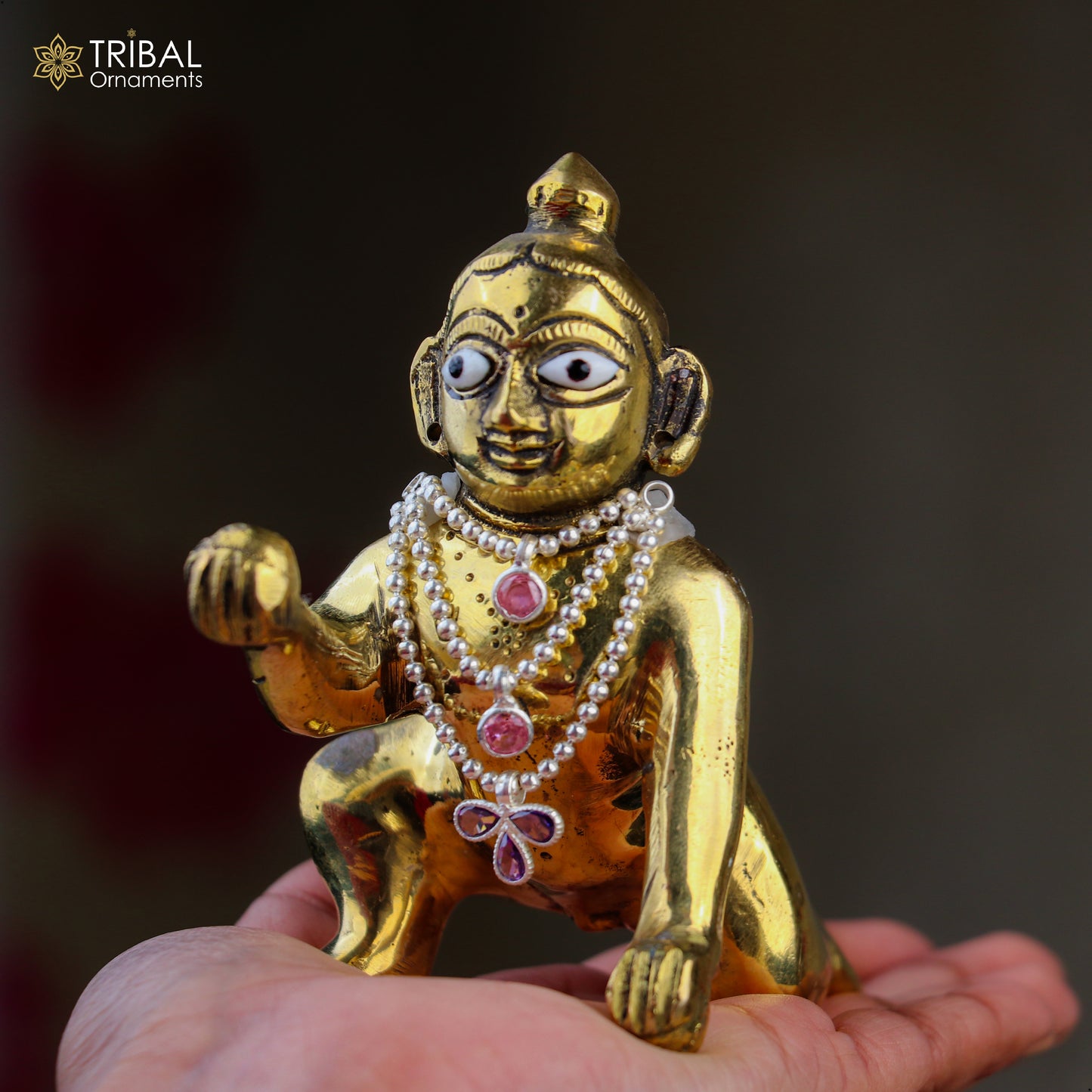 925 sterling silver 3-line beaded chain necklace for Lord Krishna Laddu Gopala jewelry set, featuring intricate beaded design.