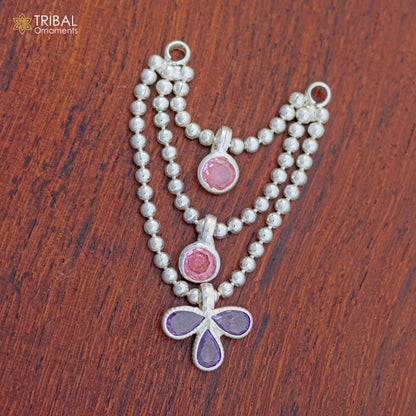Sterling silver 3-line beaded chain necklace for Lord Krishna Laddu Gopala jewelry set by TRIBAL ORNAMENTS, displayed on a white background.