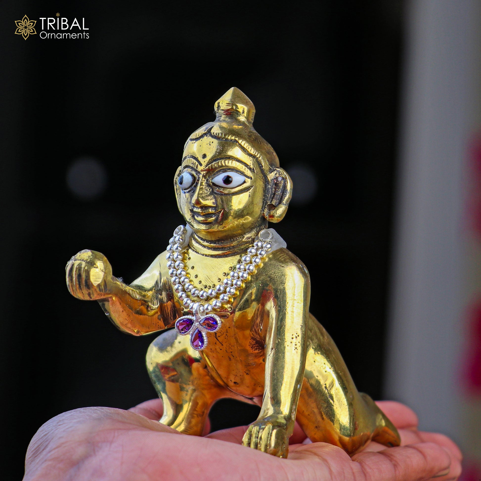 925 sterling silver 3-line beaded chain necklace featuring Lord Krishna Laddu Gopala jewelry design by TRIBAL ORNAMENTS