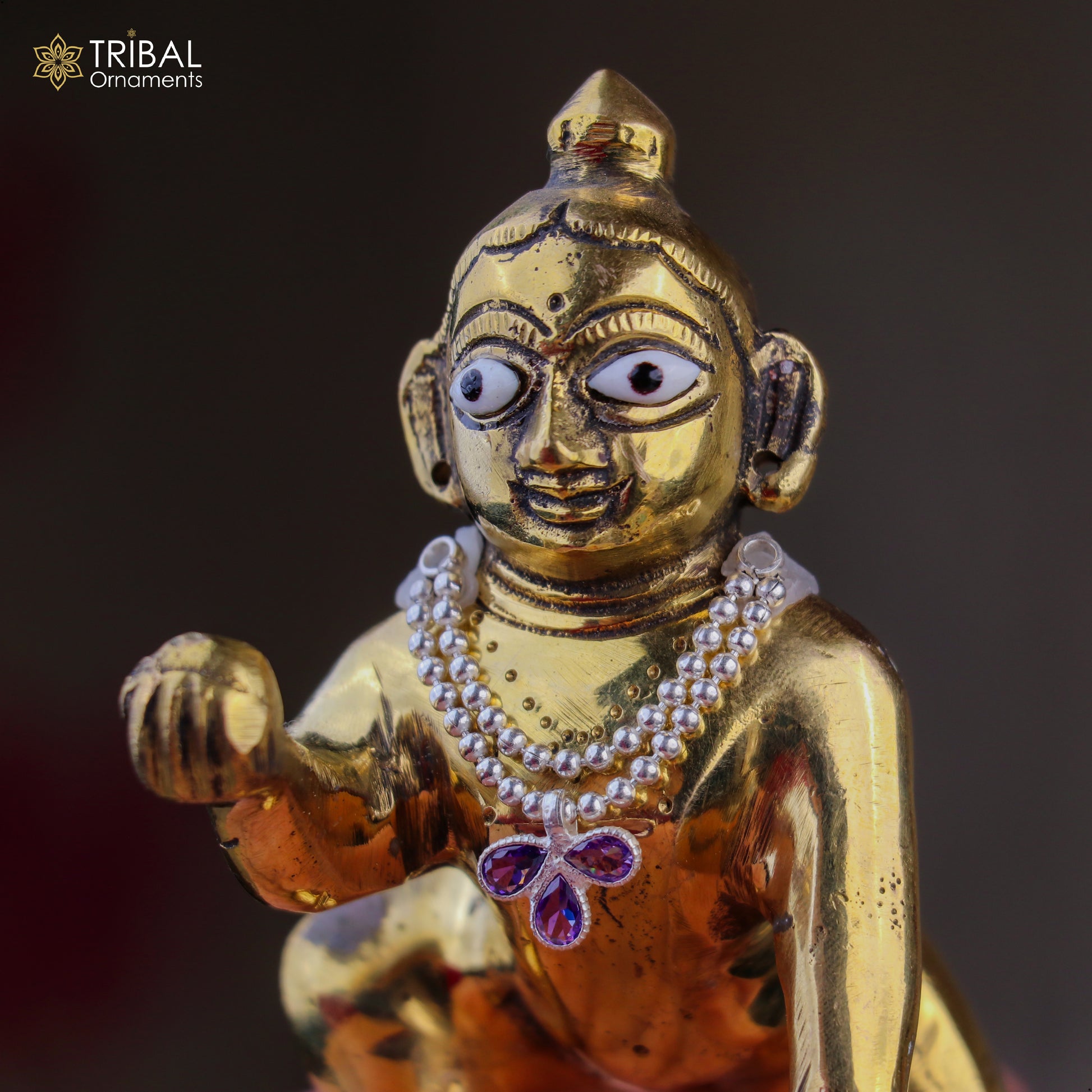 925 sterling silver 3-line beaded chain necklace for Lord Krishna Laddu Gopala jewelry set, featuring intricate beaded design.