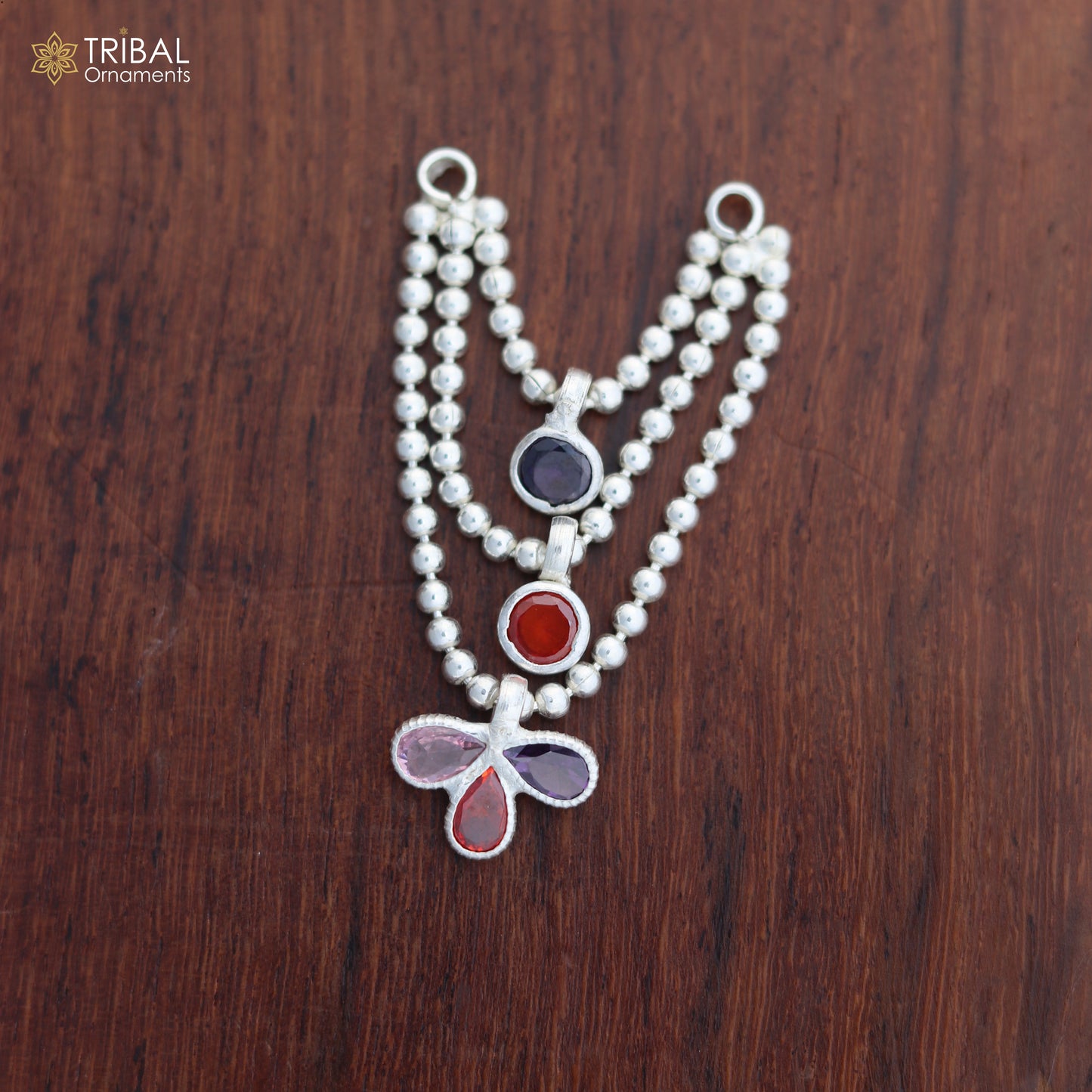 925 sterling silver 3-line beaded chain necklace for Lord Krishna Laddu Gopala jewelry set by TRIBAL ORNAMENTS, shown on a display.