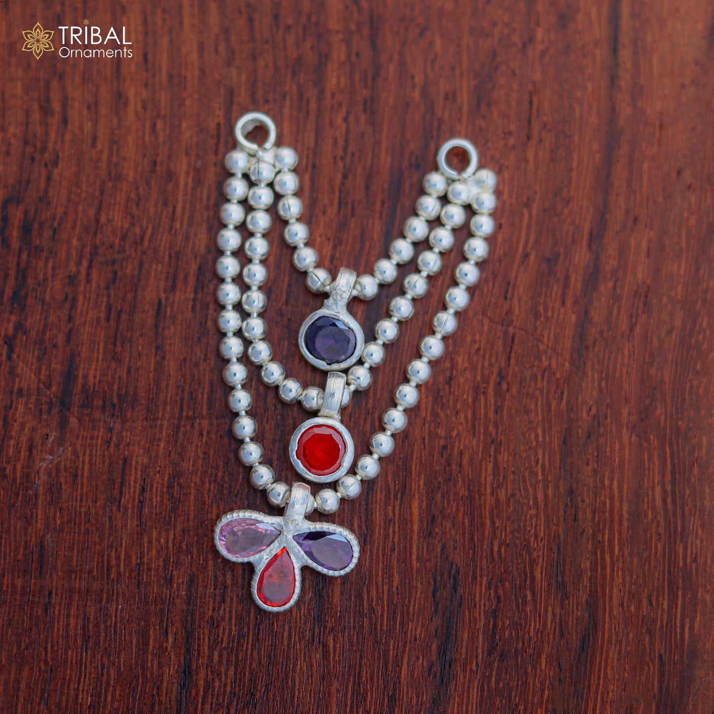 925 sterling silver 3-line beaded chain necklace featuring Lord Krishna Laddu Gopala, part of TRIBAL ORNAMENTS jewelry set.