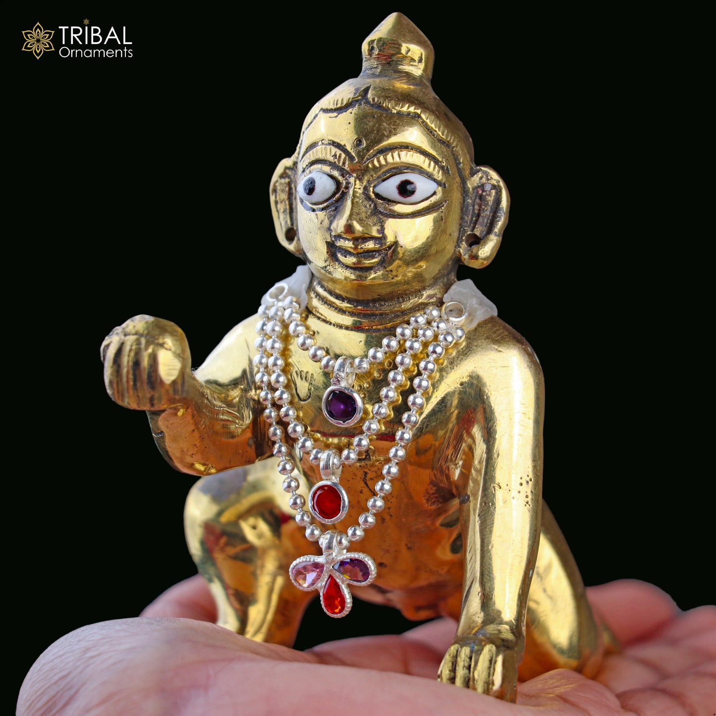 925 sterling silver 3-line beaded chain necklace for Lord Krishna Laddu Gopala jewelry set by TRIBAL ORNAMENTS