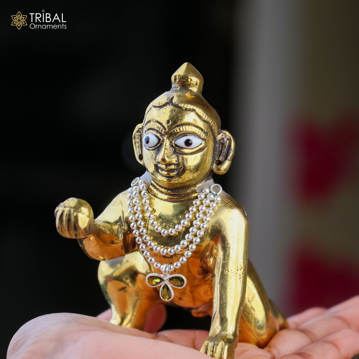 925 sterling silver 3-line beaded chain necklace from TRIBAL ORNAMENTS featuring Lord Krishna Laddu Gopala jewelry set.