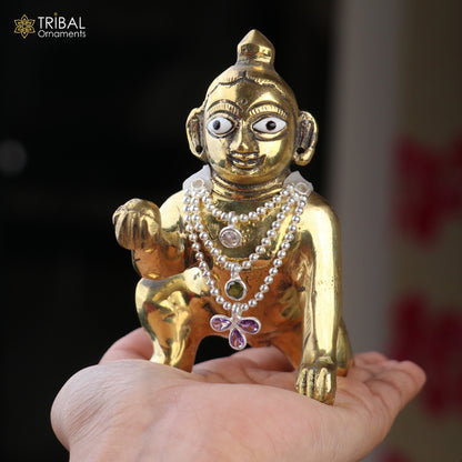 925 sterling silver 3-line beaded chain necklace with Lord Krishna Laddu Gopala jewelry set, featuring intricate bead details.