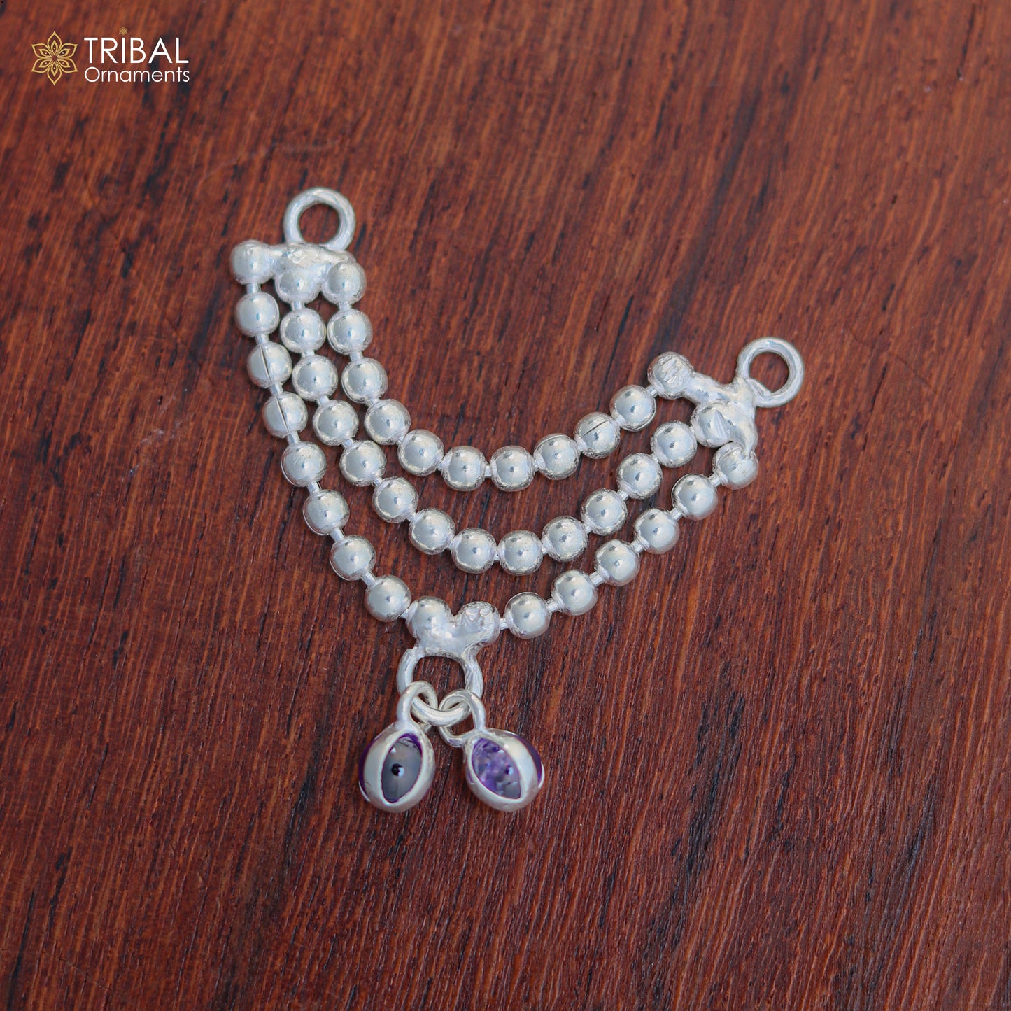 Sterling silver 3-line beaded chain necklace for Lord Krishna Laddu Gopala jewelry set, crafted by TRIBAL ORNAMENTS.