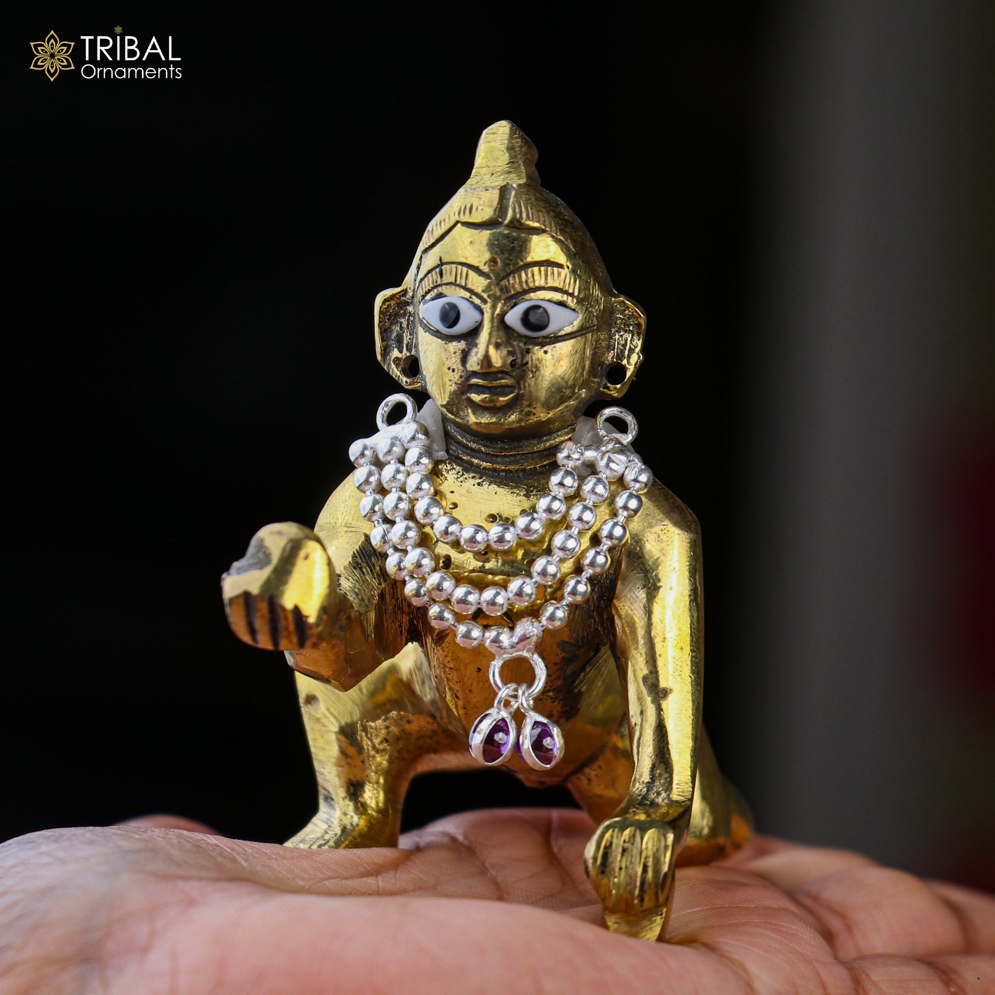 Sterling silver 3-line beaded necklace featuring Lord Krishna Laddu Gopala jewelry set by TRIBAL ORNAMENTS.