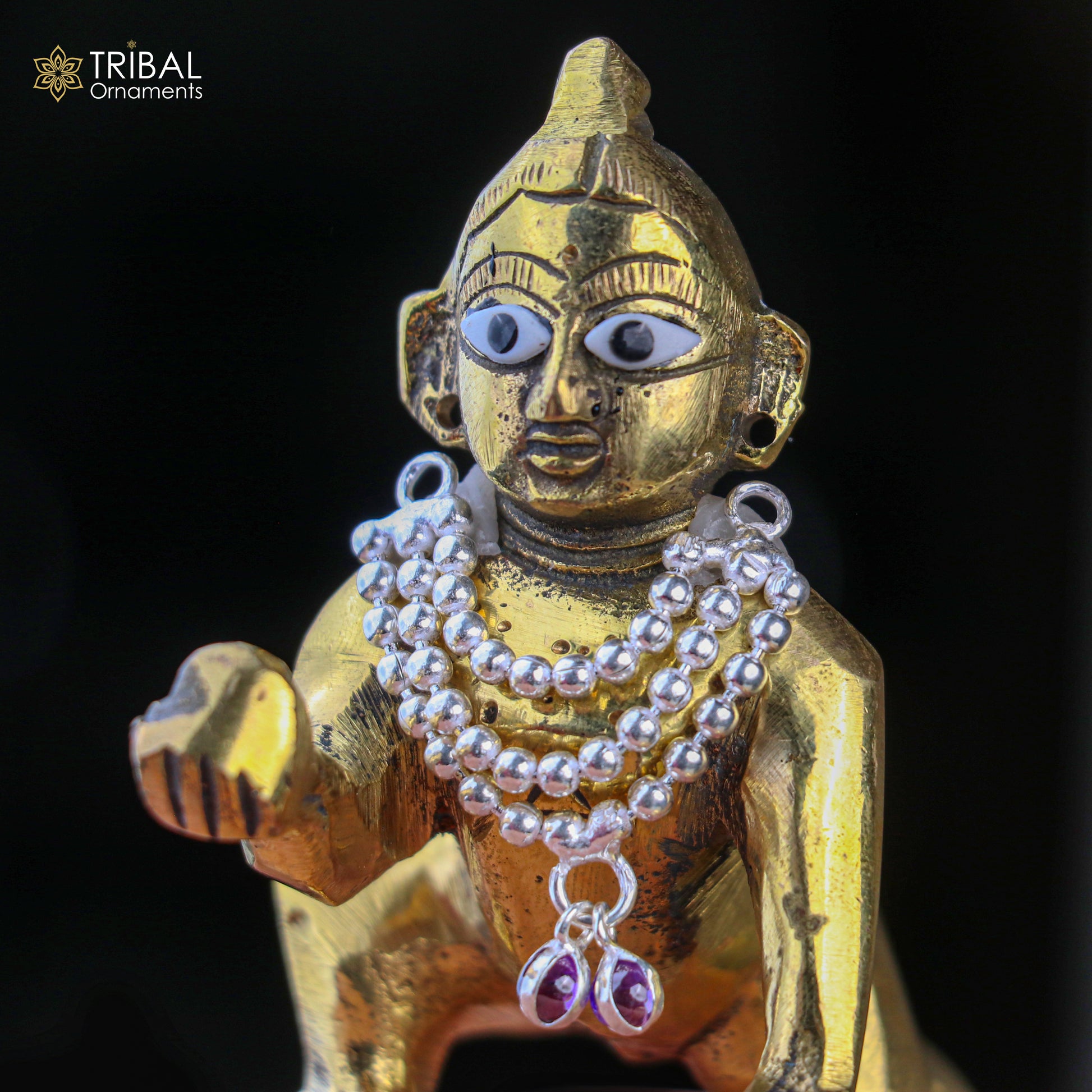 925 sterling silver 3-line beaded chain necklace for Lord Krishna Laddu Gopala jewelry set, featuring intricate bead details.