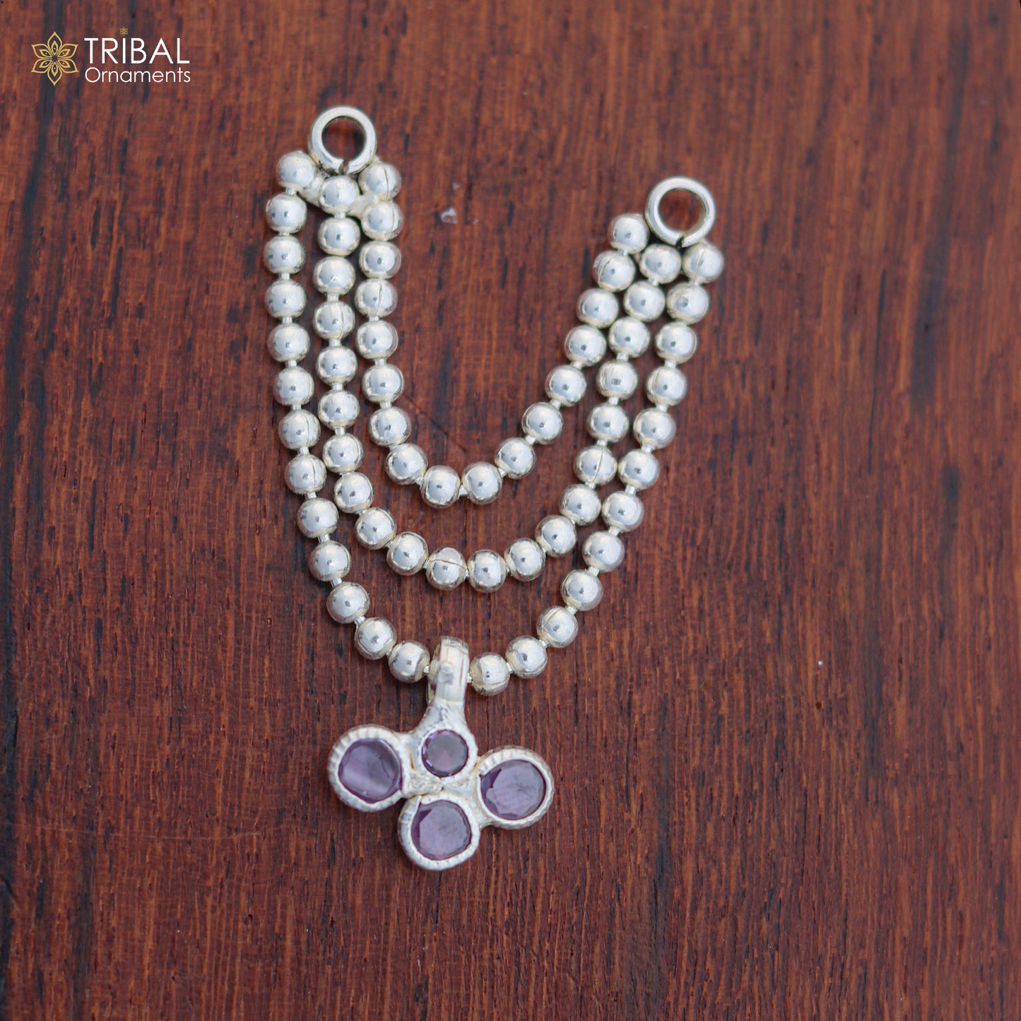 925 sterling silver 3-line beaded chain necklace for Lord Krishna Laddu Gopala jewelry set, featuring intricate beaded design.