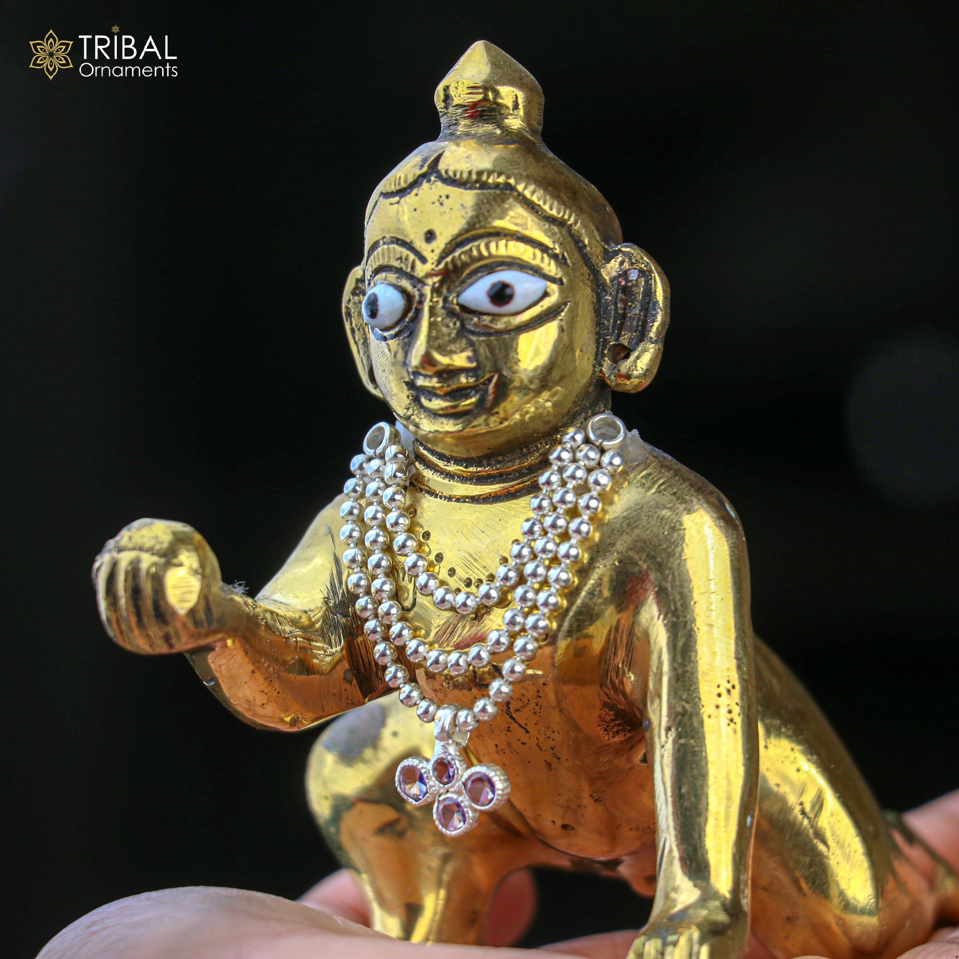 925 sterling silver 3-line beaded chain necklace for Lord Krishna Laddu Gopala jewelry set, featuring intricate beaded design.