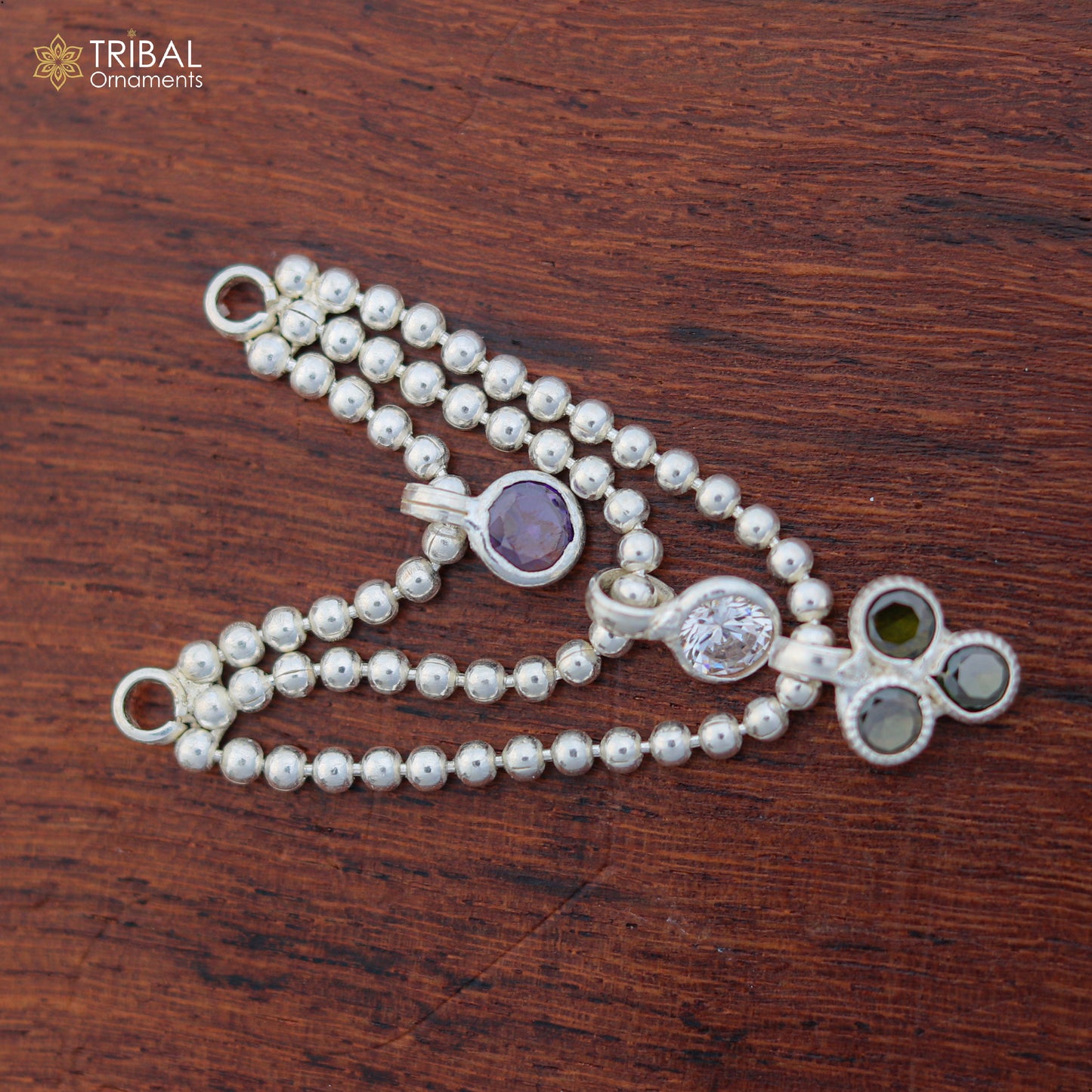 Sterling silver 3-line beaded chain necklace for Lord Krishna Laddu Gopala jewelry set, featuring intricate beaded design.