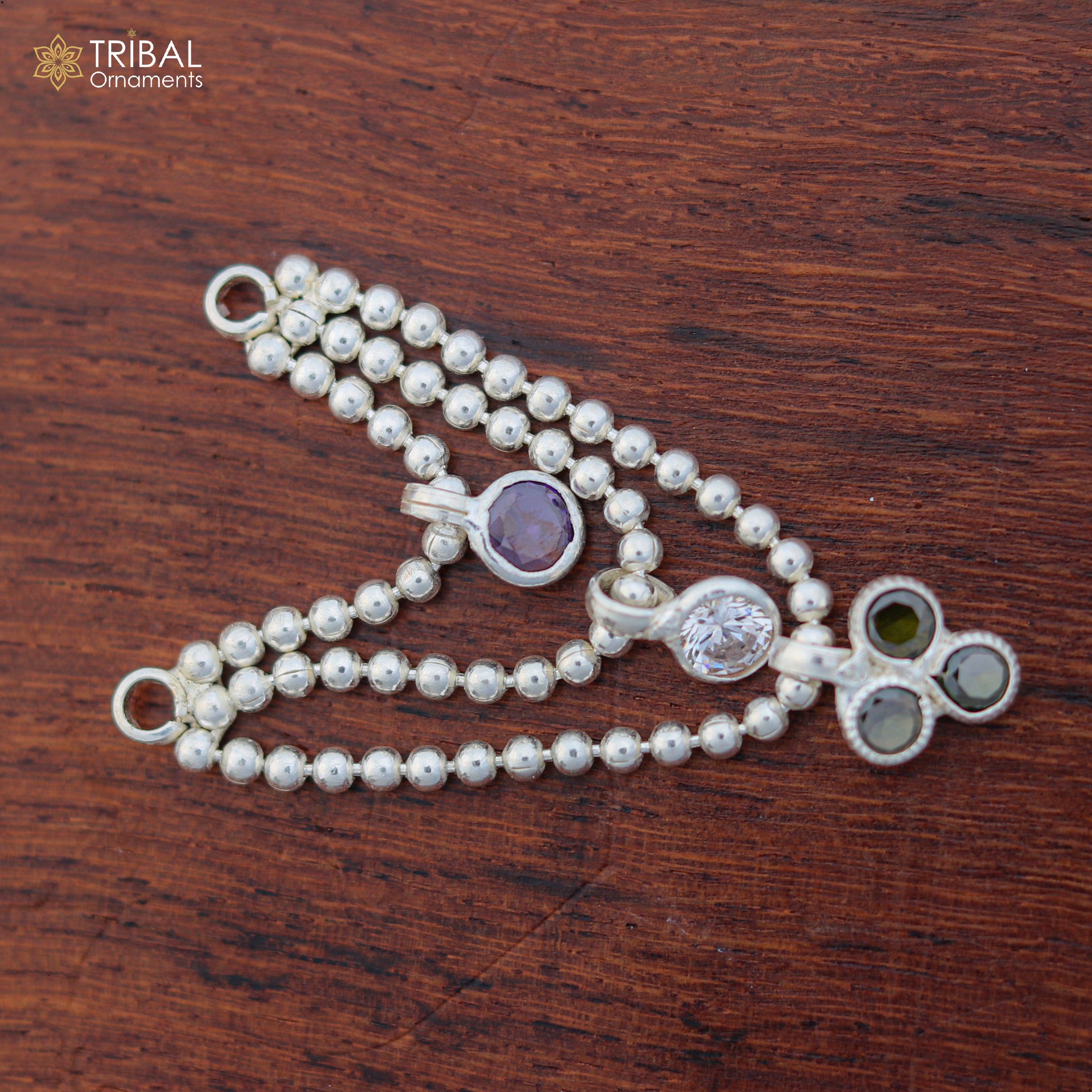 Sterling silver 3-line beaded chain necklace for Lord Krishna Laddu Gopala jewelry set, featuring intricate beaded design.