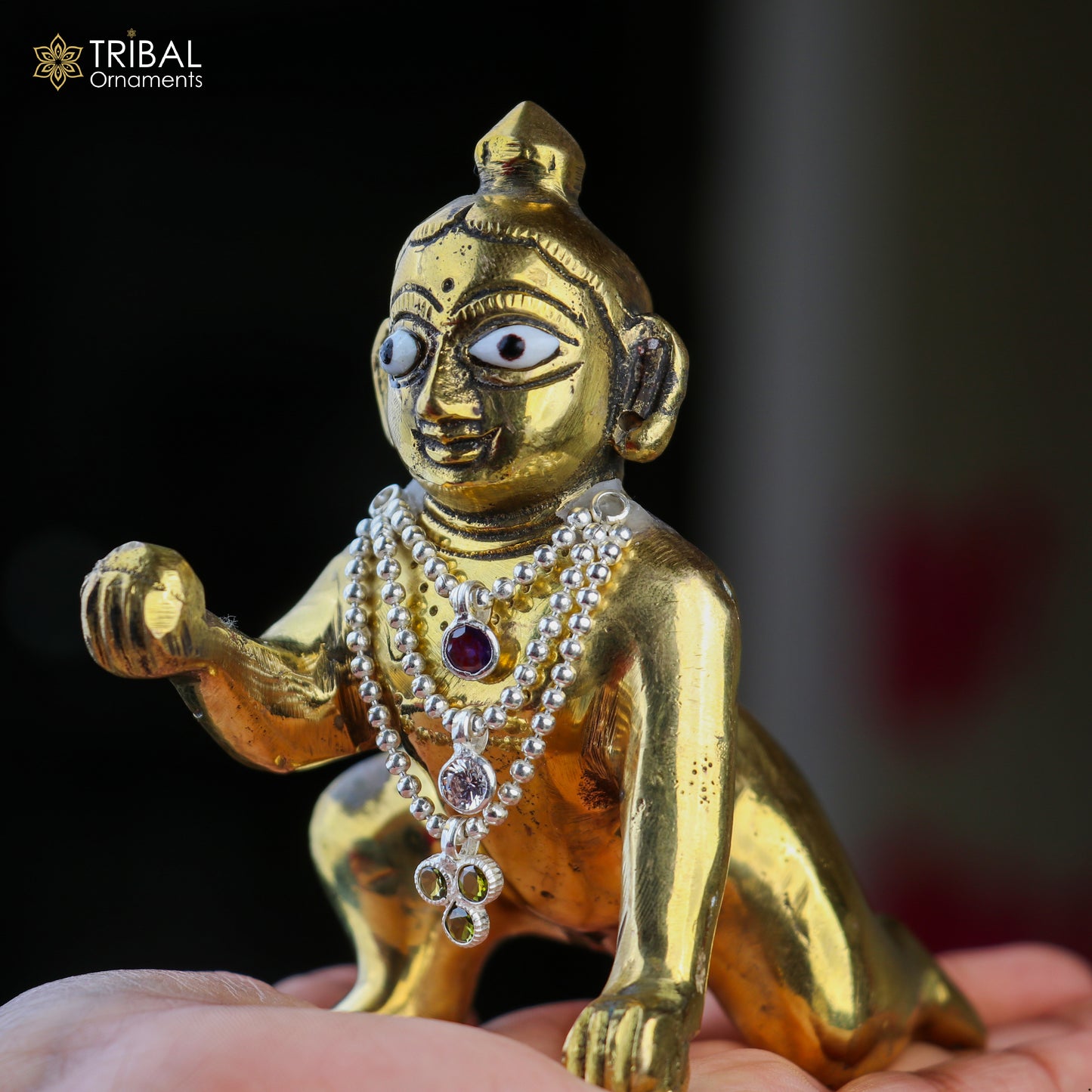 925 sterling silver 3-line beaded chain necklace featuring Lord Krishna Laddu Gopala pendant from TRIBAL ORNAMENTS.