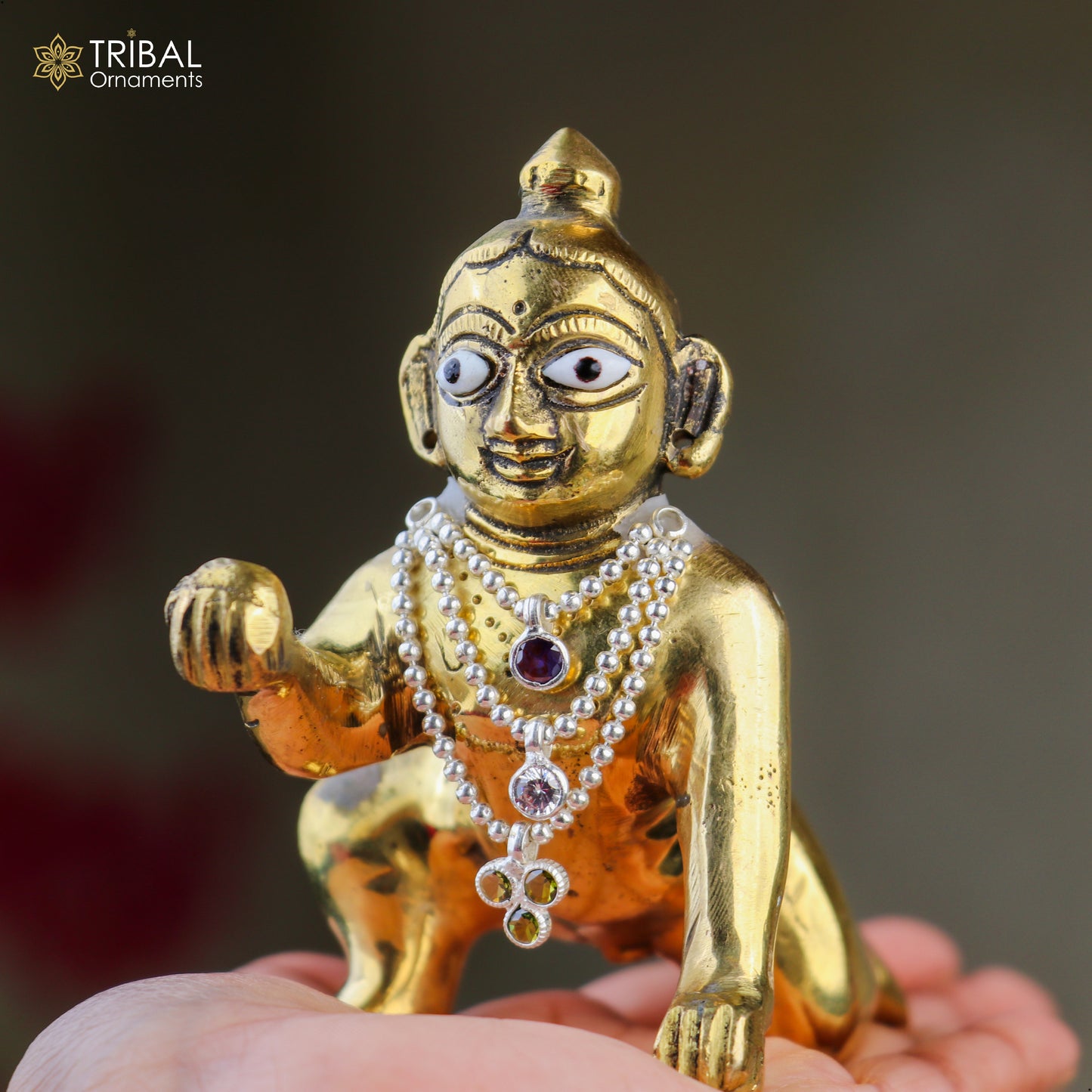 925 sterling silver 3-line beaded chain necklace set for Lord Krishna Laddu Gopala jewelry, featuring intricate beaded design.