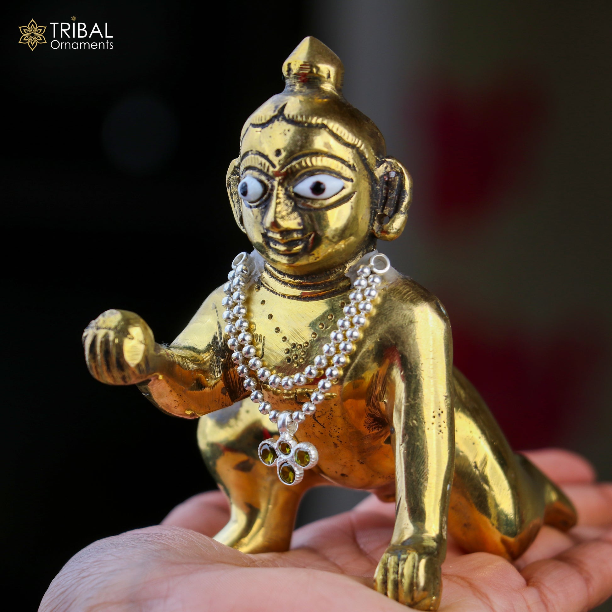925 sterling silver Lord Krishna beaded chain necklace with two lines, part of TRIBAL ORNAMENTS jewelry set Laddu Gopala.