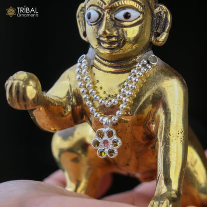 925 sterling silver beaded chain necklace for Lord Krishna Laddu Gopala jewelry set, featuring two-line design with intricate beads.
