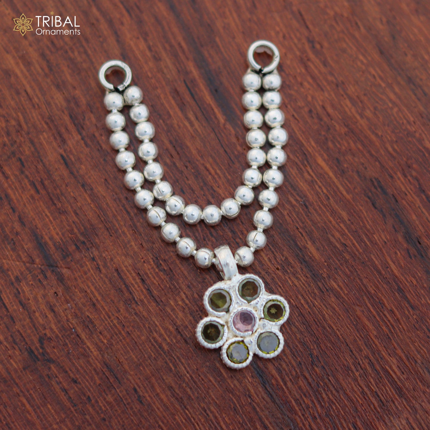 925 sterling silver Lord Krishna beaded chain necklace with two lines, part of TRIBAL ORNAMENTS Laddu Gopala jewelry set.