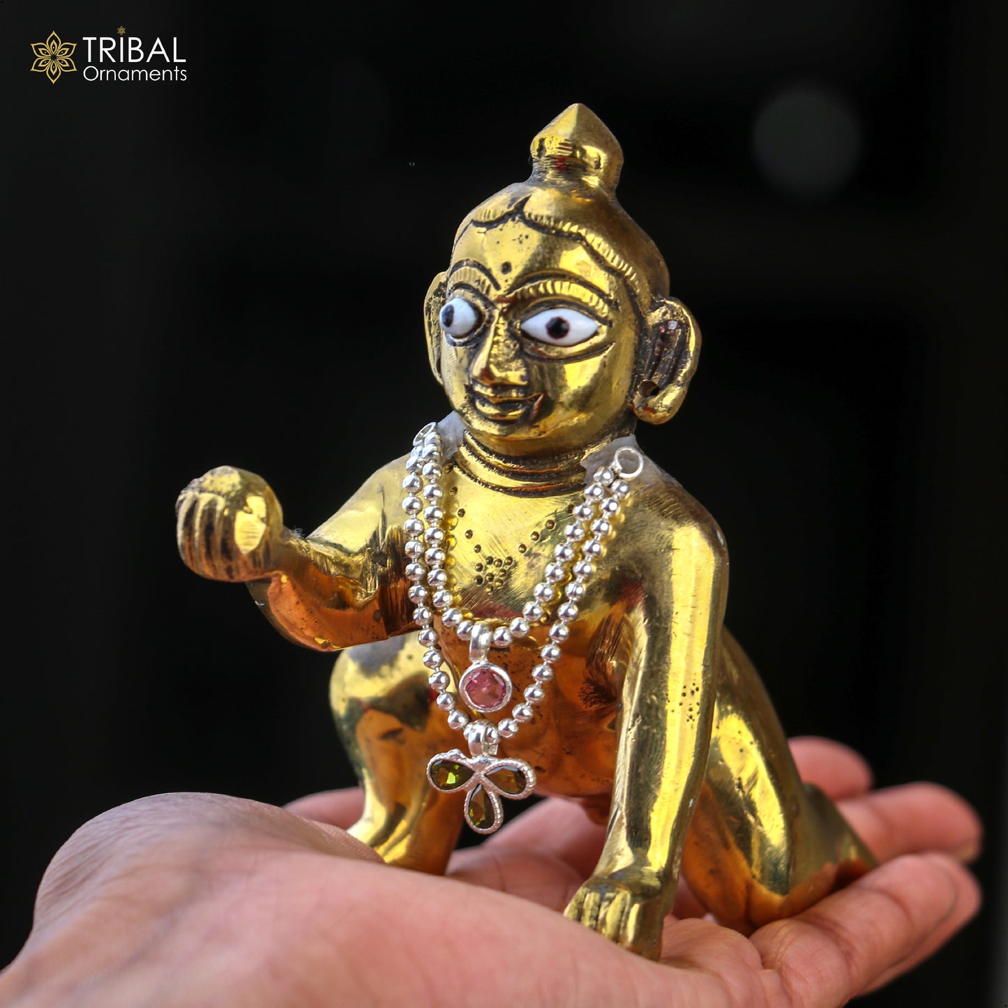 925 sterling silver beaded chain necklace with two lines, designed for Lord Krishna Laddu Gopala jewelry set by TRIBAL ORNAMENTS