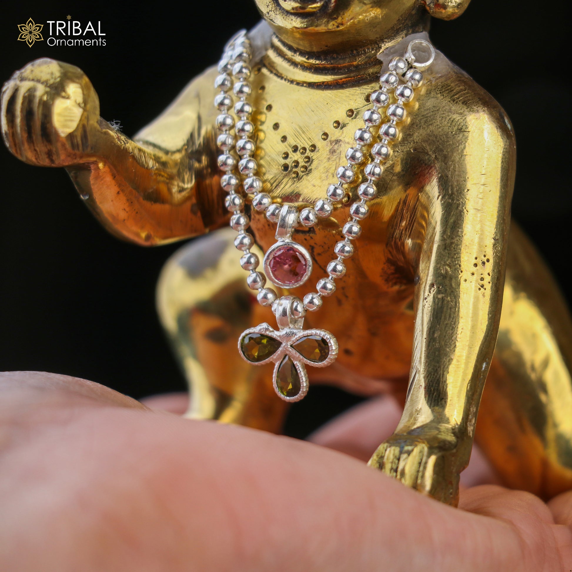 Sterling silver 2-line beaded chain necklace for Lord Krishna Laddu Gopala jewelry set by TRIBAL ORNAMENTS