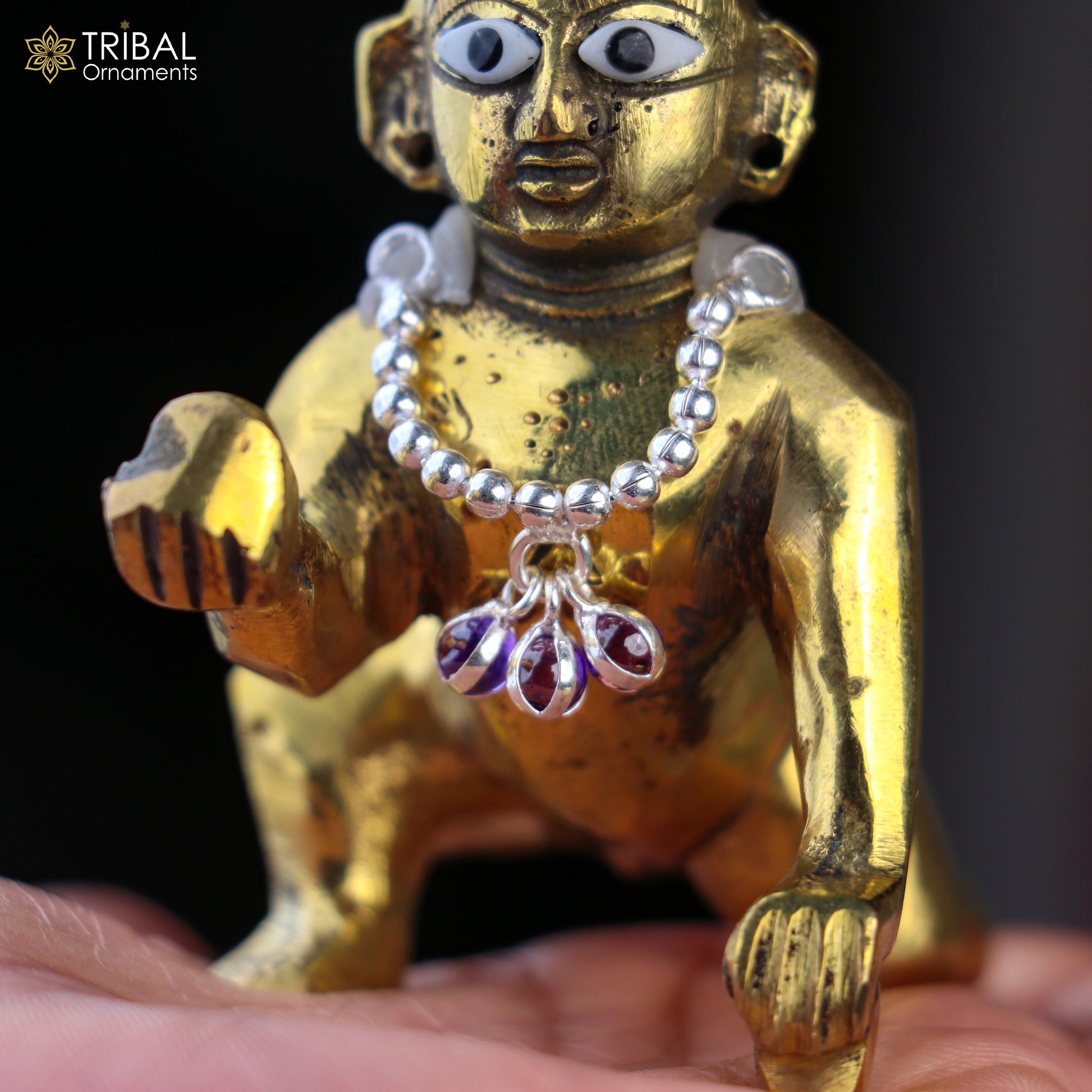 Sterling silver beaded chain necklace for Lord Krishna Laddu Gopala jewelry set by TRIBAL ORNAMENTS, featuring intricate beaded design.