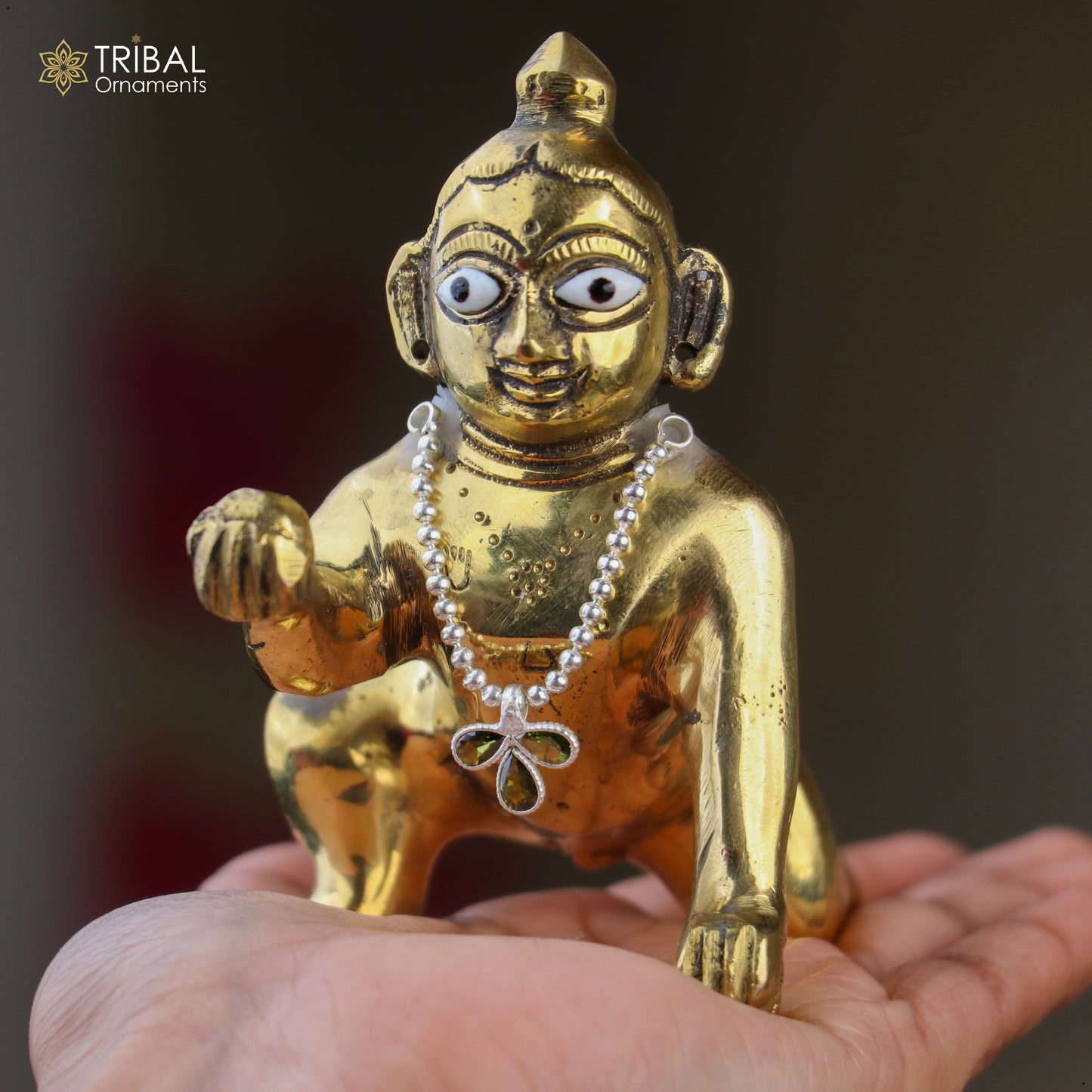 Sterling silver beaded chain necklace for Lord Krishna Laddu Gopala jewelry set, featuring intricate silver beads and traditional design.