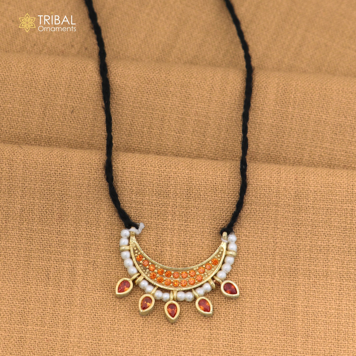 925 sterling silver pearl style orange color stone necklace for idols or god statues gold polished jewelry set868