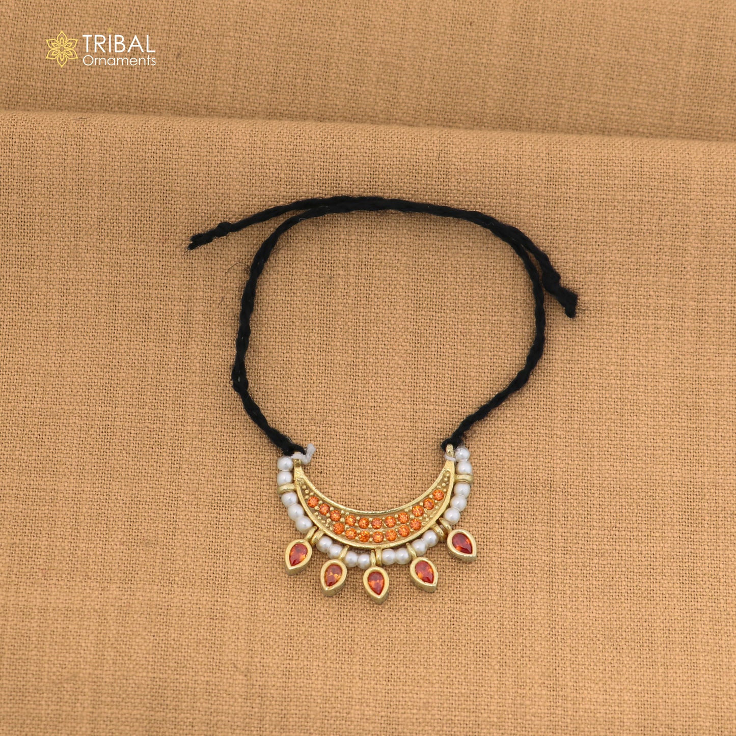 925 sterling silver pearl style orange color stone necklace for idols or god statues gold polished jewelry set868