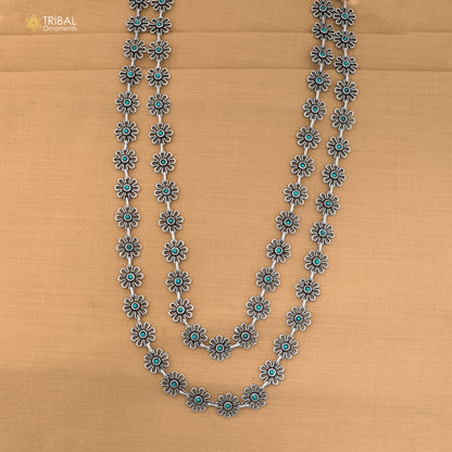 925 sterling silver floral style turquoise stone 2 line necklace set ethnic jewelry set873