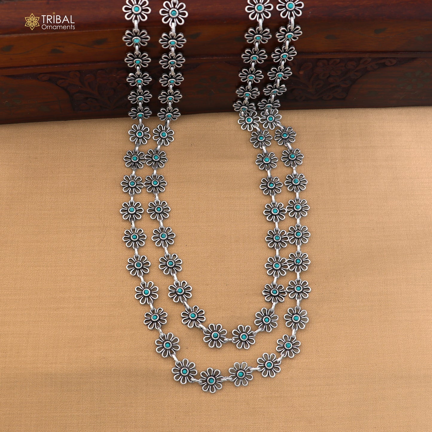 925 sterling silver floral style turquoise stone 2 line necklace set ethnic jewelry set873