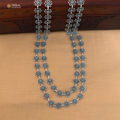925 sterling silver floral style turquoise stone 2 line necklace set ethnic jewelry set873