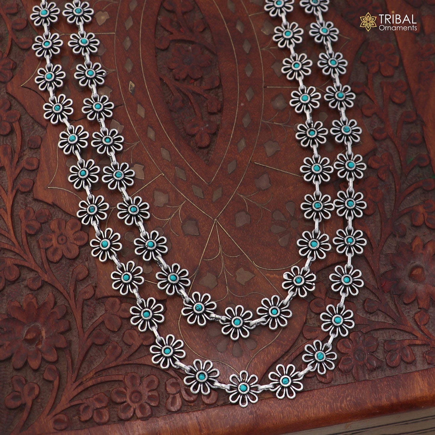 925 sterling silver floral style turquoise stone 2 line necklace set ethnic jewelry set873