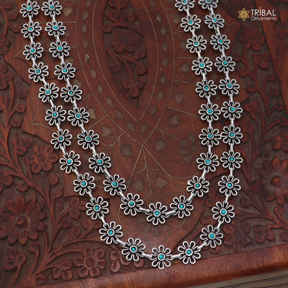 925 sterling silver floral style turquoise stone 2 line necklace set ethnic jewelry set873