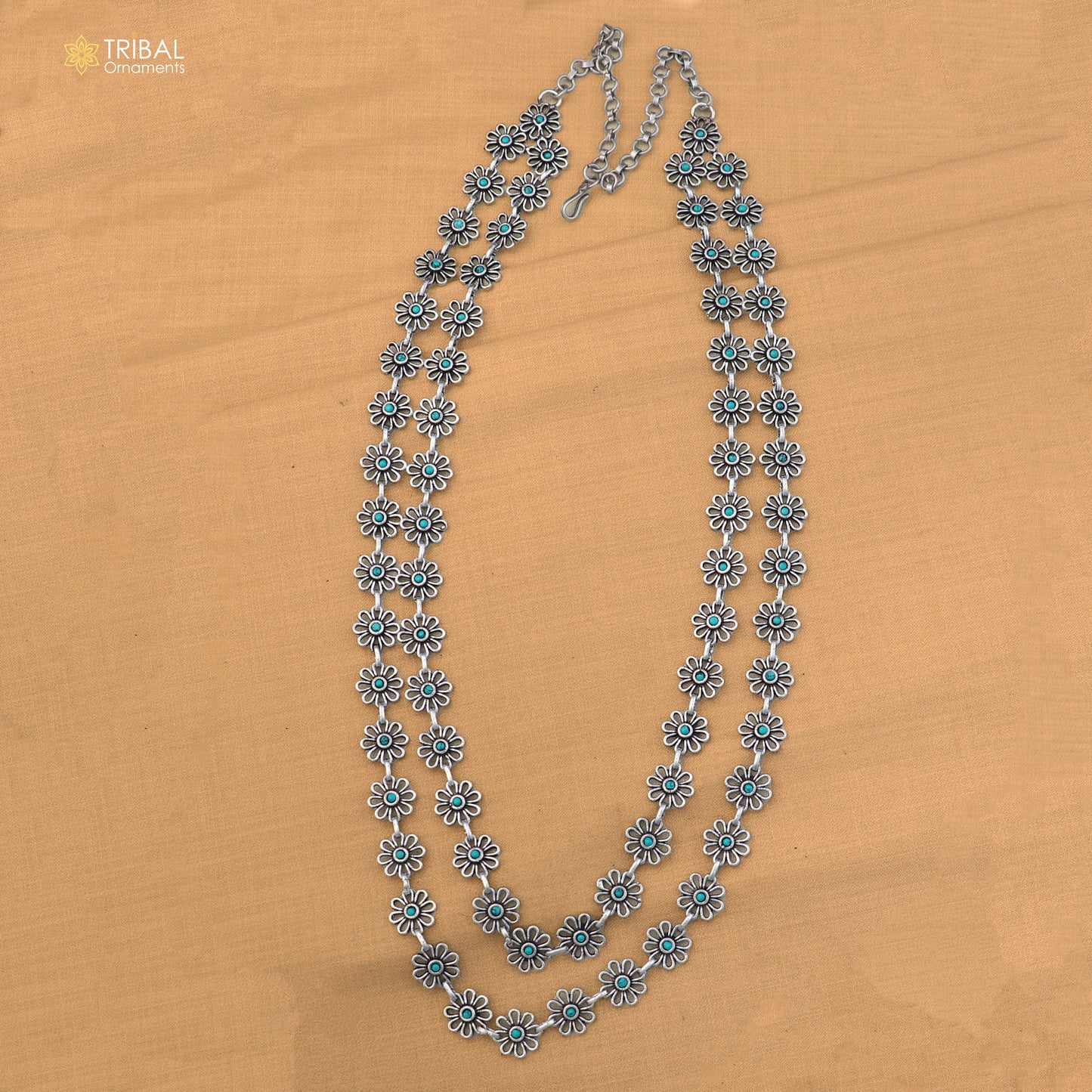 925 sterling silver floral style turquoise stone 2 line necklace set ethnic jewelry set873
